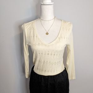NWOT Cotton 3/4 Sleeve Cream Tee with Gold Pattern